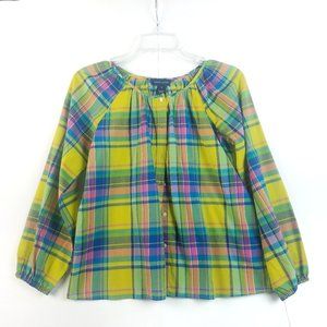 Ralph Lauren Madras Plaid Buttoned Peasant Blouse